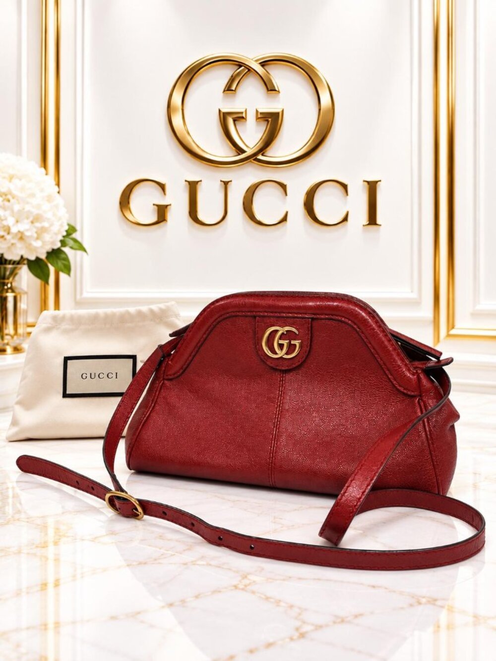 Authentic Gucci RE(BELLE) Red Leather GG Logo Shoulder/Crossbody Bag